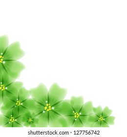Abstract background of green transparent flowers, corner pattern