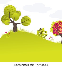 Abstract background with green tree and flowers. Vector illustration