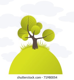 Abstract background with green tree and flowers. Vector illustration