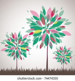 Abstract background with green tree and flowers. Vector illustration