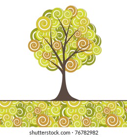 Abstract background with green tree and flowers. Vector illustration