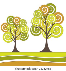 Abstract background with green tree and flowers. Vector illustration