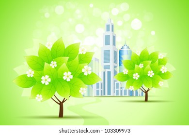 Abstract Background with Green Trees and City