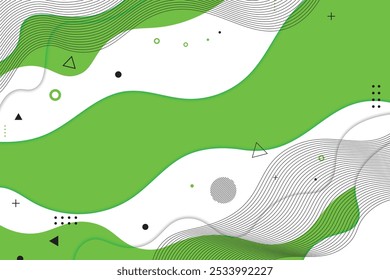 Fondo Abstractas con ondas verdes y blancas, Formas geométricas negras y verdes, líneas.