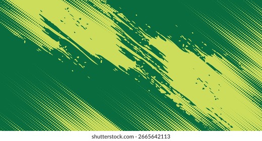 Abstrakter Hintergrund mit grüner und gelber Pinseltextur und Halbtoneffekt. Grunge-Sport
