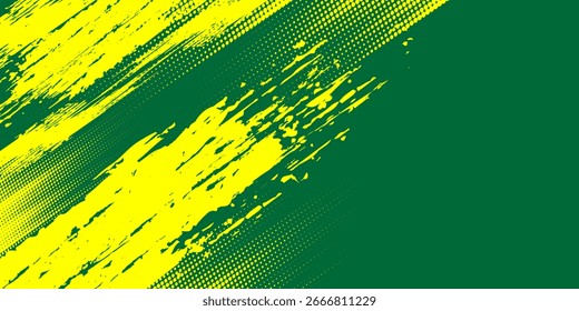 Abstract Background with Green and Yellow Brush Texture and Halftone Effect.