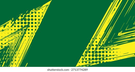 Fundo abstrato com textura de pincel verde e amarelo e efeito de meio-tom. Fundo Grunge Sport, para banner de evento ou design de cartaz