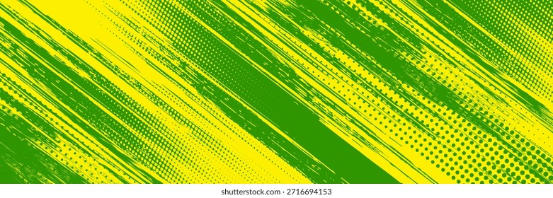 Fundo abstrato com textura de pincel verde e amarelo e efeito de meio-tom. Esporte Grunge. Ilustração vetorial