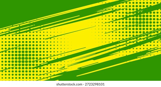 Abstrakter Hintergrund mit grüner und gelber Pinseltextur und Halbtoneffekt. Grunge-Sport