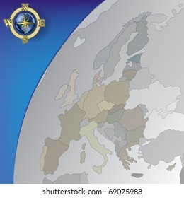 Abstract background with grey europe map and gold compass