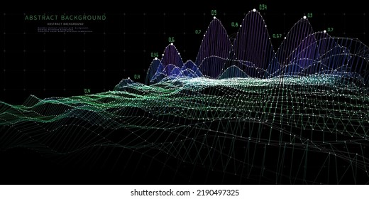 Abstract  background with grid and data on dark. Technology 3d concept. Big data. Visual presentation analysis of color graph data. Banner for business, science and technology data analytics represent