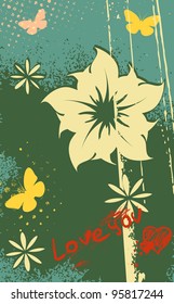 Abstract background in grunge style with flowers and butterflies. Vector illustration.