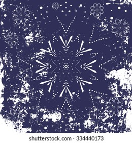 Abstract background with grunge texture and white snowflake, looks like frozen window. Beautiful snowflake ornament