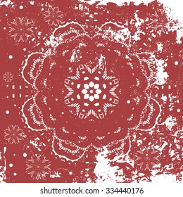Abstract background with grunge texture and white snowflake, looks like frozen window. Beautiful snowflake ornament