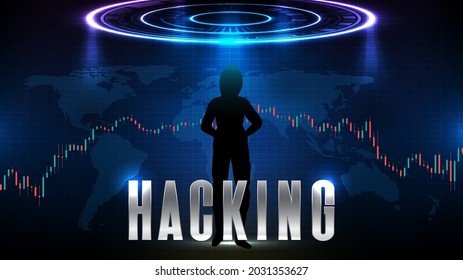 abstract background of hacker in hood with Stock market candle stick graph chart 
