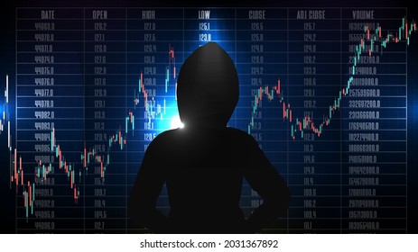 abstract background of hacker in hood with Stock market candle stick graph chart 