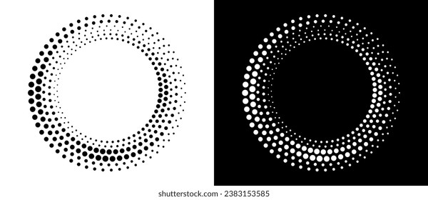 Fondo abstracto con puntos de medio tono en círculo. Círculo de diseño artístico como logotipo o icono. Una figura negra en un fondo blanco y una figura igualmente blanca en el lado negro.