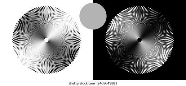 Abstract background with halftone dots in circle. Art design circle as logo or icon. A black figure on a white background and an equally white figure on the black side.