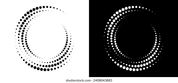 Abstract background with halftone dots in circle. Art design circle as logo or icon. A black figure on a white background and an equally white figure on the black side.