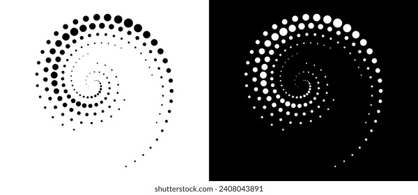 Fondo abstracto con puntos de medio tono en círculo. Círculo de diseño artístico como logotipo o icono. Una figura negra en un fondo blanco y una figura igualmente blanca en el lado negro.