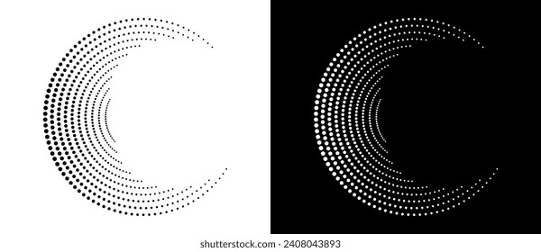 Abstract background with halftone dots in circle. Art design circle as logo or icon. A black figure on a white background and an equally white figure on the black side.