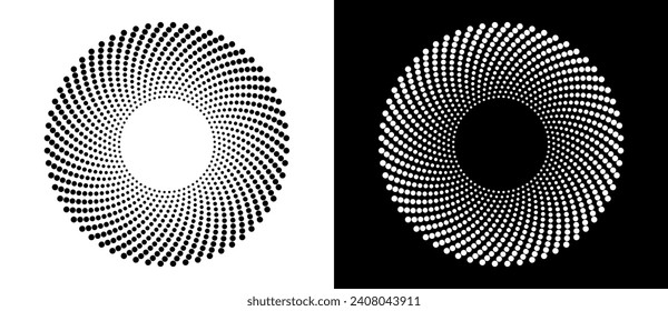 Abstrakter Hintergrund mit Halbtonpunkten im Kreis. Art Design Kreis als Logo oder Symbol. Eine schwarze Figur auf weißem Hintergrund und eine gleich weiße Figur auf schwarzer Seite.