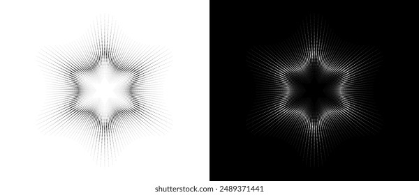 Abstract background with halftone dots David star. Modern circle dotted pattern. Futuristic jewish concept. Black shape on a white background and the same white shape on the black side.