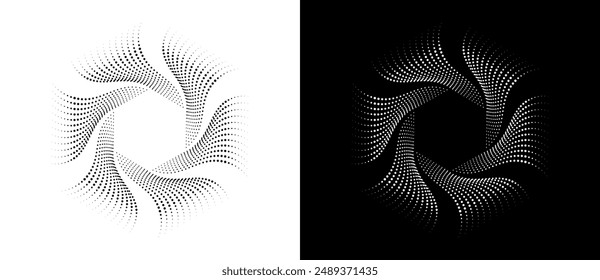 Fondo Abstractas con espiral de puntos de semitono. Patrón moderno de círculos punteados. Concepto hexagonal futurista. Forma negra sobre fondo blanco y la misma forma blanca en el lado negro.