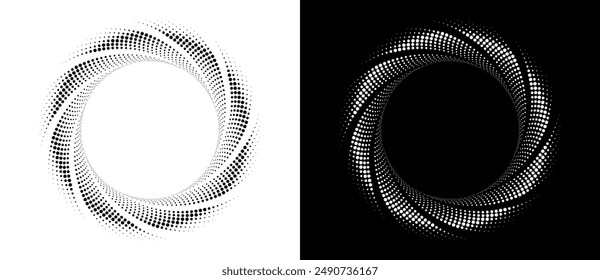 Abstract background with halftone dots spiral. Modern circle dotted pattern. Futuristic concept. Black shape on a white background and the same white shape on the black side.