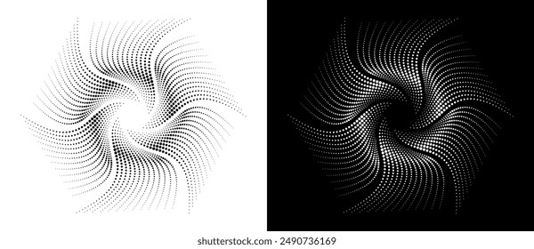 Fondo Abstractas con espiral de puntos de semitono. Patrón moderno de círculos punteados. Concepto hexagonal futurista. Forma negra sobre fondo blanco y la misma forma blanca en el lado negro.