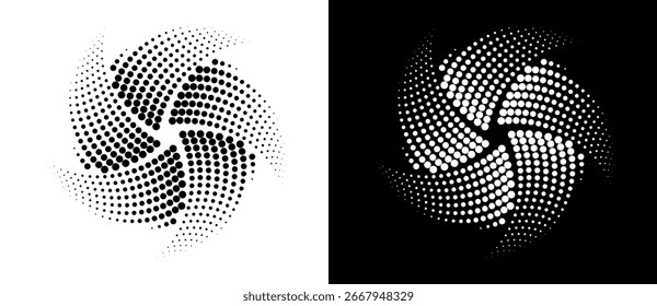 Fondo Abstractas con puntos de semitono en espiral. Patrón punteado de círculo moderno con 5 partes. Forma negra sobre un fondo blanco y la misma forma blanca en el lado negro.
