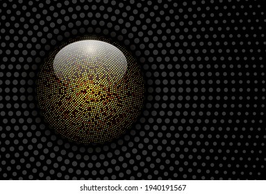 Abstract background with halftone geometric circles, shapes. Interesting darkl gold mosaic design. 3D geometric background with colored dots