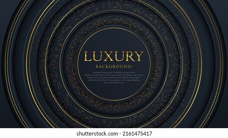 Fondo abstracto de un gradiente de medio tono. Decoración lujosa, motivos dorados. Estilo geométrico moderno. Un lugar redondo para el texto. Concepción elegante. Plantilla de color negro y oro, banner mínimo.
