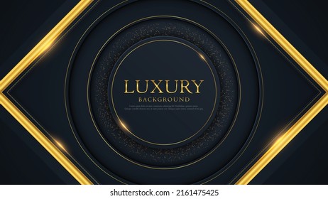 Abstract background of a halftone gradient. Luxury decoration, golden glitter pattern. Modern geometric style. A round place for text. Stylish conception. Black and gold template, minimal banner.