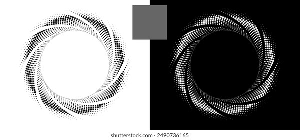 Abstract background with halftone squares in spiral. Modern circle pattern. Futuristic concept, logo. Black shape on a white background and the same white shape on the black side.