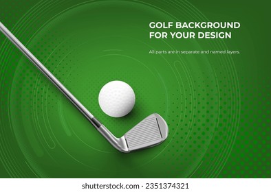 Fondo abstracto con textura a medio tono, círculos, pelota de golf y club de metal. Plantilla para su diseño deportivo. Ilustración vectorial.