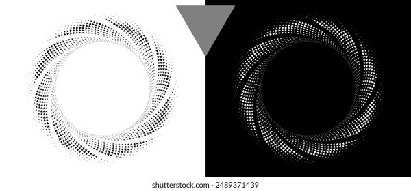 Abstract background with halftone triangles in spiral. Modern circle pattern. Futuristic concept, logo. Black shape on a white background and the same white shape on the black side.