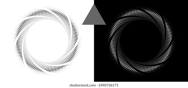 Abstract background with halftone triangles in spiral. Modern circle pattern. Futuristic concept, logo. Black shape on a white background and the same white shape on the black side.