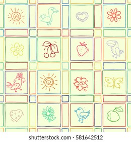 Abstract background with hand drawn birds, berries, flowers and fruits silhouettes. Seamless pattern. Vector illustration.