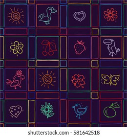 Abstract background with hand drawn birds, berries, flowers and fruits silhouettes. Seamless pattern. Vector illustration.
