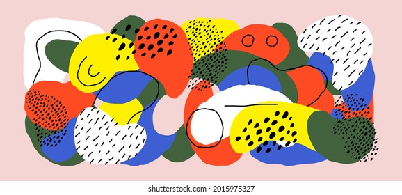 Abstract background with hand drawn doodle objects and various organic shapes. Modern collage for pre-made poster or print. Multicolored vector illustration. Stroked paths are editable