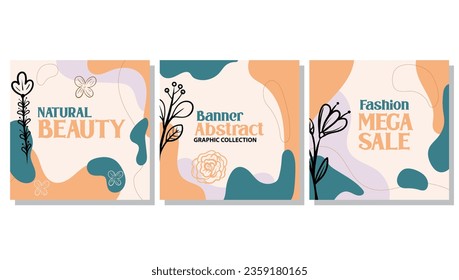 abstract background with hand drawn elements with flowers, green branches and leaves in templates for social media stories and post, wedding invitation, greeting card, packaging, branding, design