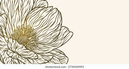 Fondo Abstractas con Elementos florales dibujados a mano. Elegante peonía dorada floral línea de arte. Plantillas de diseño de Vector para postal, cartel, tarjeta de visita, volante, revista, Anuncio, invitación de boda.