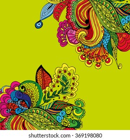 Abstract background with hand drawn flower pattern. Tropical motifs. Template for design greeting cards, greetings, background, packing, cover.