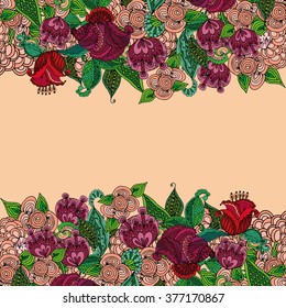 Abstract background with hand drawn flower pattern. Tropical motifs. Wedding pattern. Template for design greeting cards, greetings, background, packing, cover.