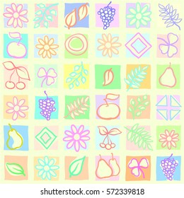 Abstract background. Hand drawn flowers, leaves, fruits and geometric primitives. Seamless pattern. Vector graphics.