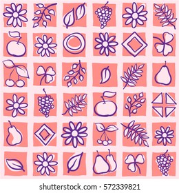 Abstract background. Hand drawn flowers, leaves, fruits and geometric primitives. Seamless pattern. Vector graphics.