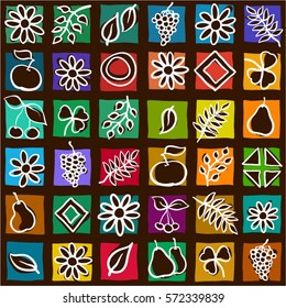 Abstract background. Hand drawn flowers, leaves, fruits and geometric primitives. Seamless pattern. Vector graphics.