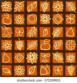 Abstract background. Hand drawn flowers, leaves, fruits and geometric primitives. Seamless pattern. Vector graphics.