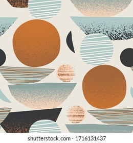 Abstract background: hand drawn geometric shapes, grunge texture. Abstract round element, symbol of sun, moon seamless pattern. Vector geometrical illustration in 90s retro style, geo minimal design